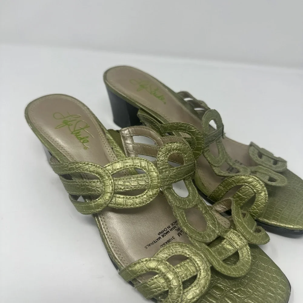 Vintage Y2K 90s Metallic Green Strappy Kitten Heel By Life Stride Sz 7.5